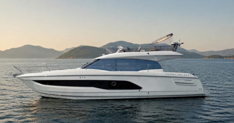 Prestige 420 flybridge motor yacht on calm water off Hong Kong's coast, illustrating a buyer-side cost of ownership analysis