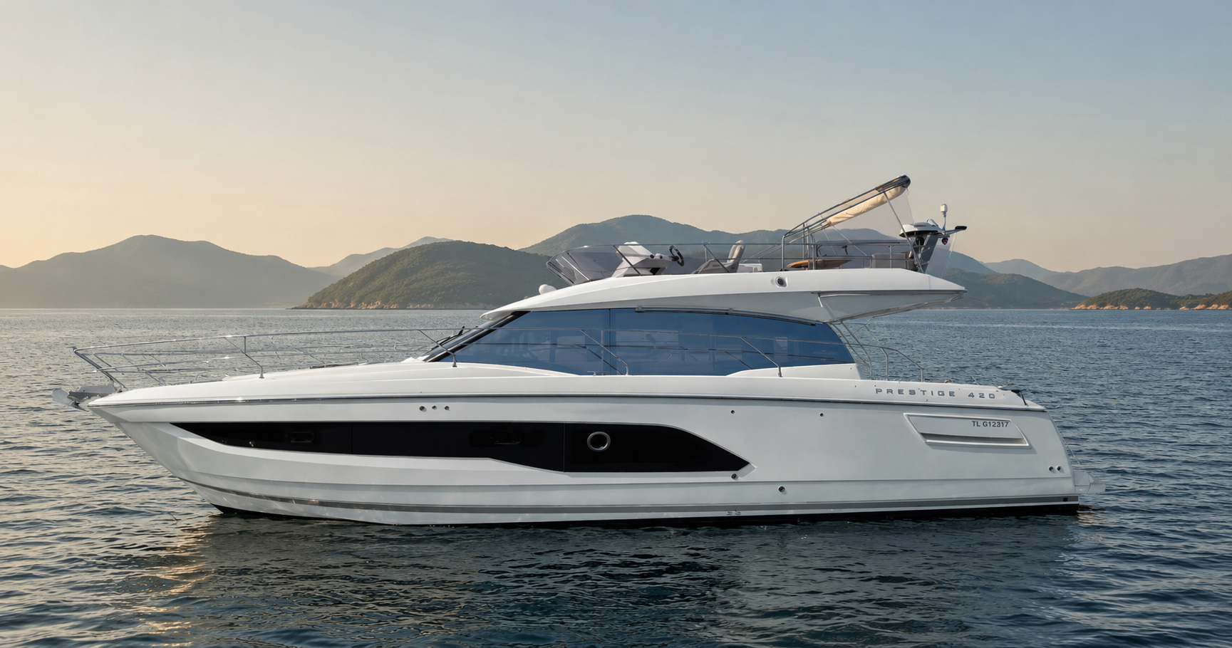 Prestige 420 flybridge motor yacht on calm water off Hong Kong's coast, illustrating a buyer-side cost of ownership analysis
